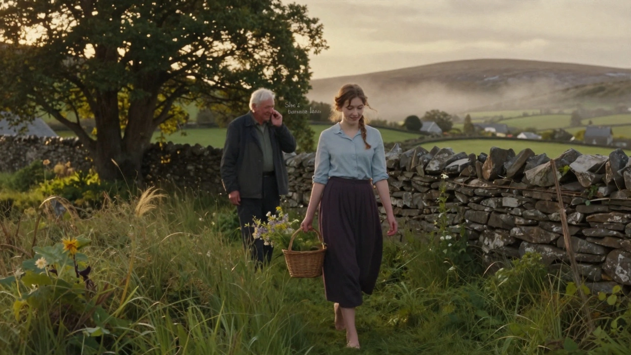 A young woman walking barefoot through grass in Donegal, holding wildflowers as an elder smiles warmly in the golden hour light.