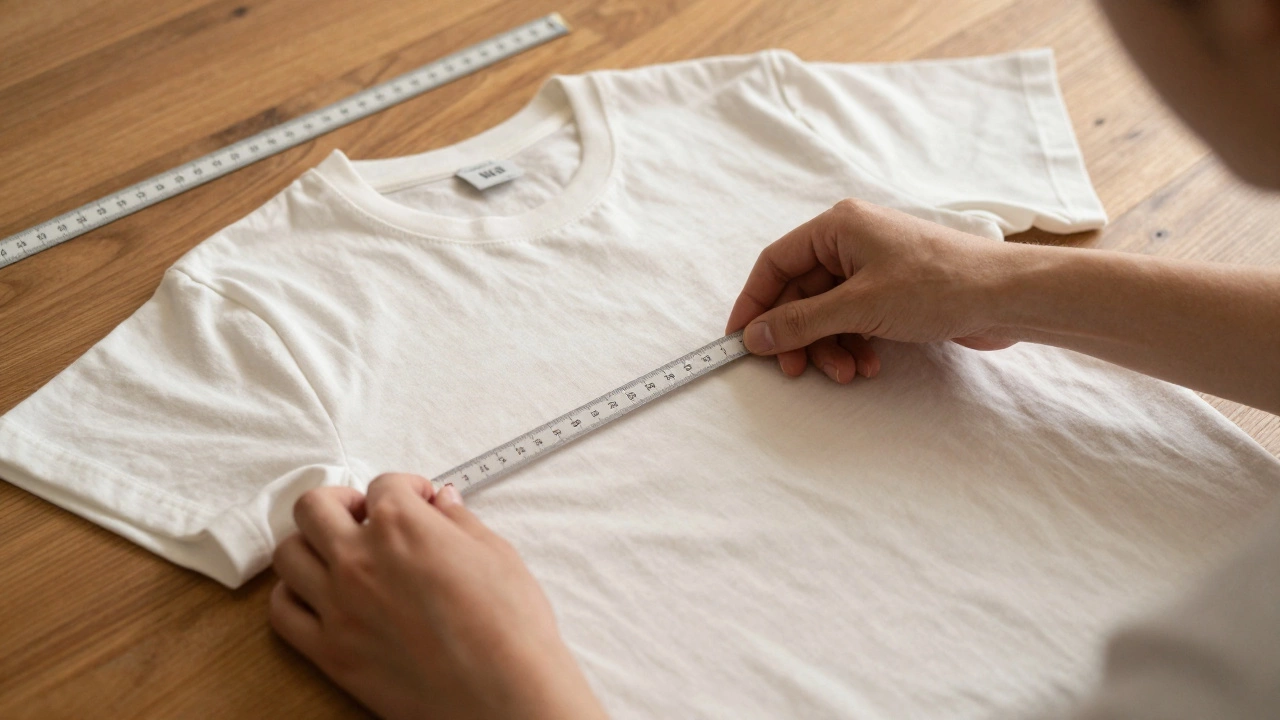Hands measuring a t-shirt's chest width and length on a wooden table with a ruler beside it.