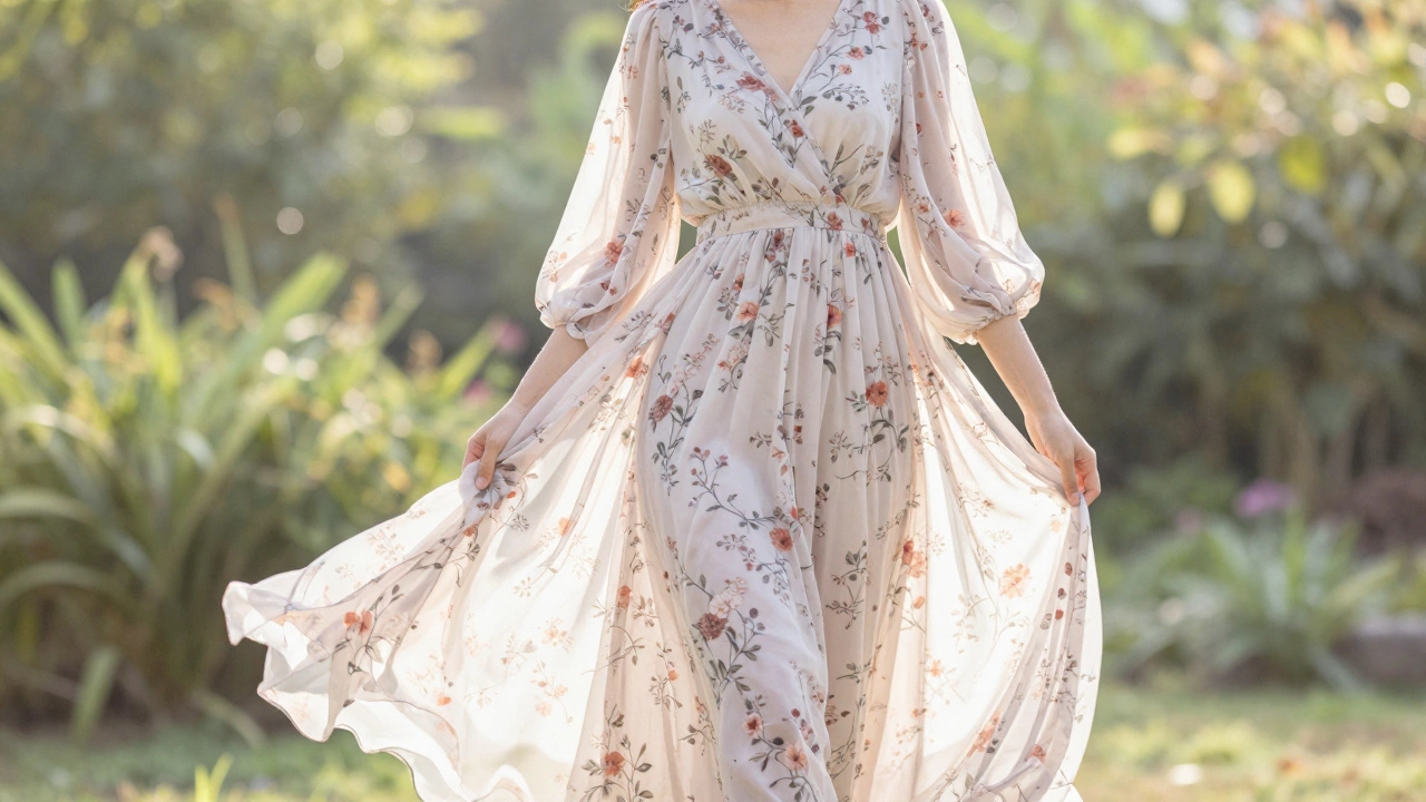 Long-sleeved maxi dress in garden with floral print