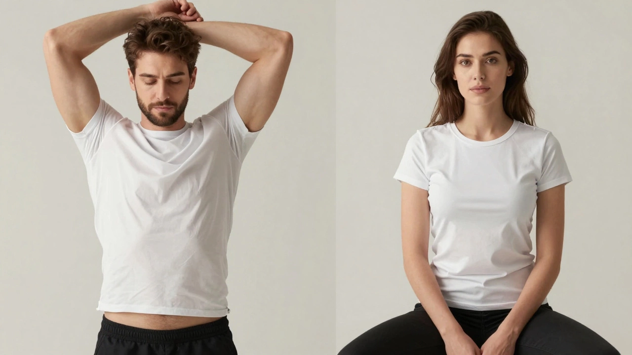 Side-by-side comparison of a too-tight t-shirt versus a properly fitted one during movement.