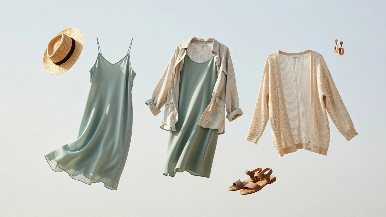 Three summer clothing items floating in air—skirt, shirt, and cardigan—with accessories nearby, all in natural fabrics under soft light.