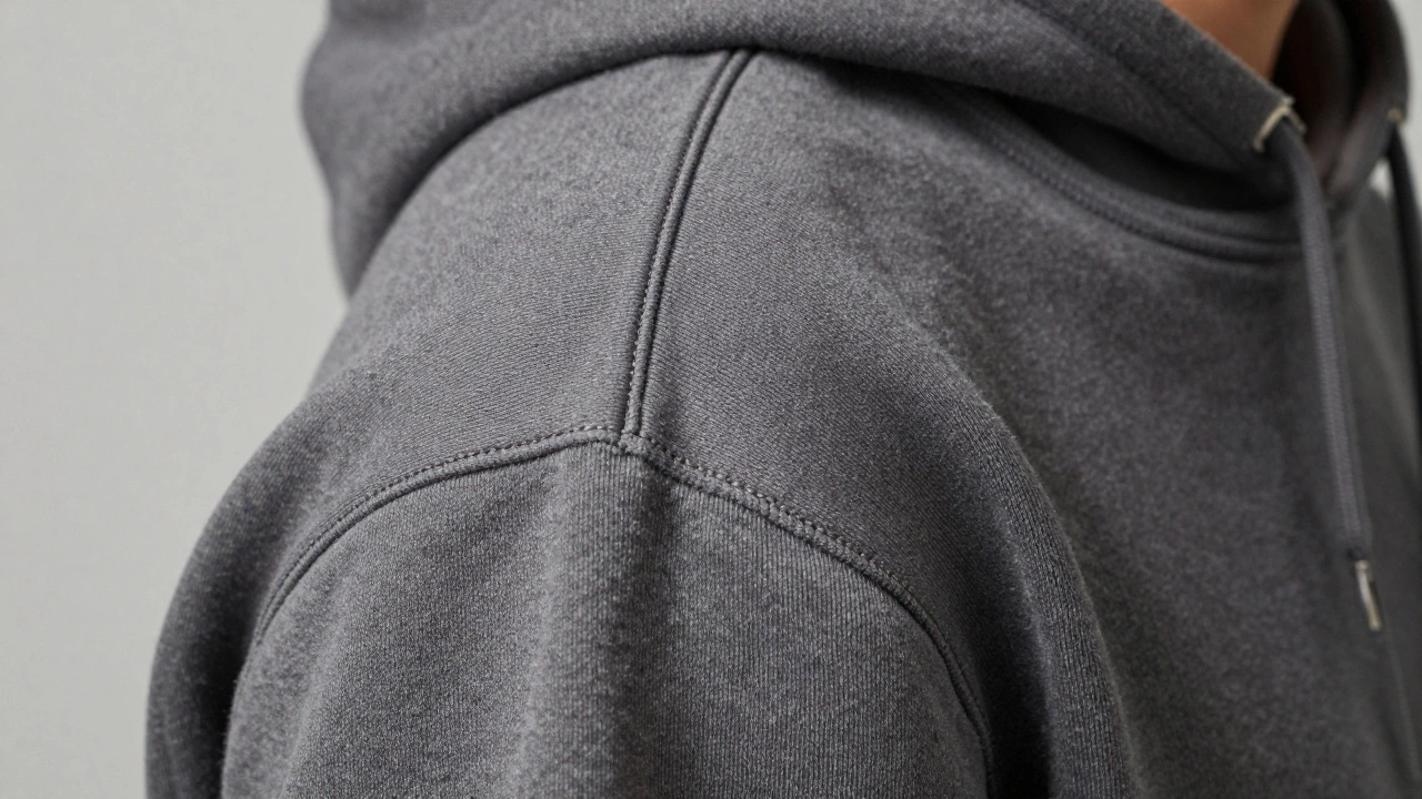 Triple-stitched seam on a hoodie shoulder with reinforced construction details.