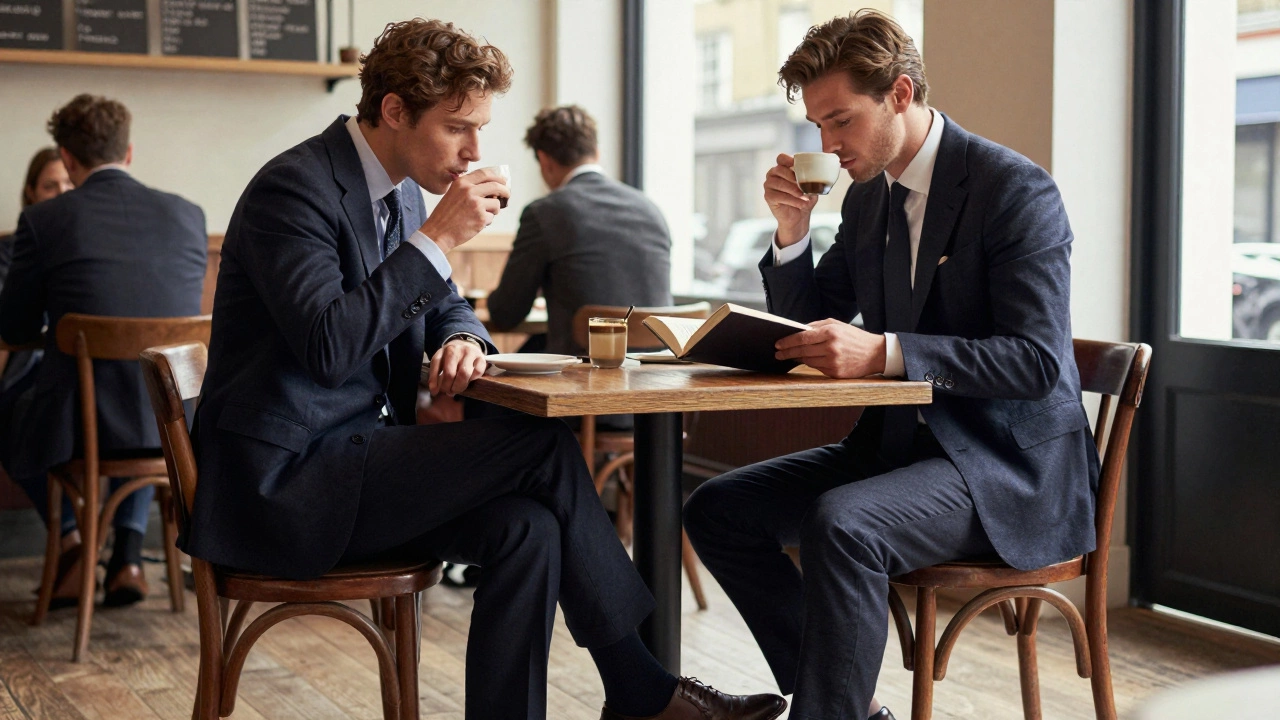 Two men in well-fitted navy and charcoal suits sitting together in a cozy London coffee shop.