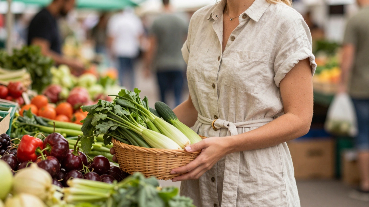 Woman in linen shirt dress at farmers market holding vegetables
