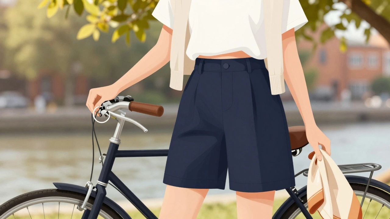 Woman wearing navy shorts and white tee with a tied beige cardigan, holding accessories beside a bicycle in soft golden light.