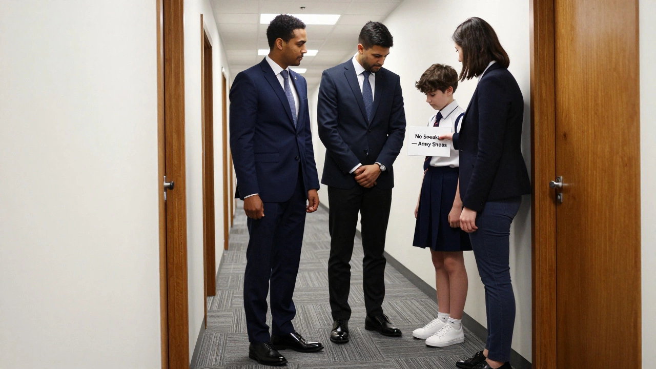 A British schoolteacher correcting a student for wearing sneakers instead of official school shoes.