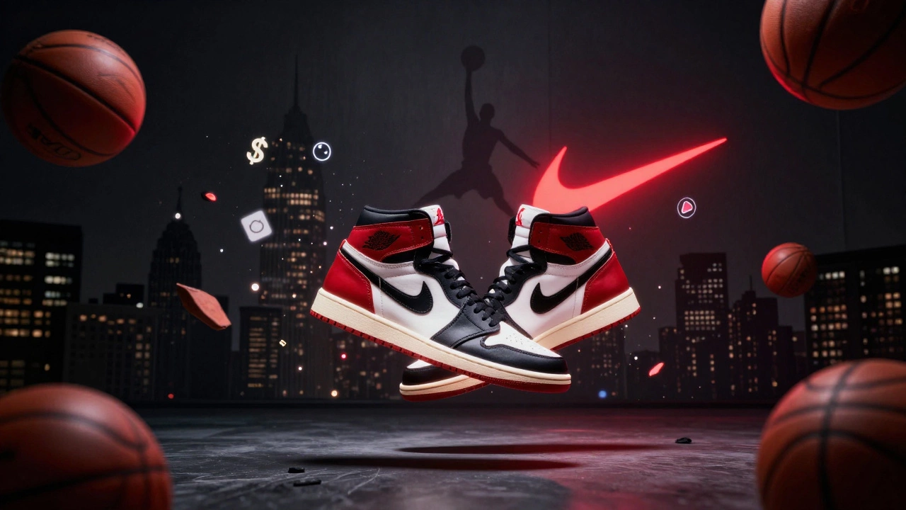 A floating pair of Air Jordan I shoes glowing against a dark cityscape with floating icons of basketballs and dollar signs.