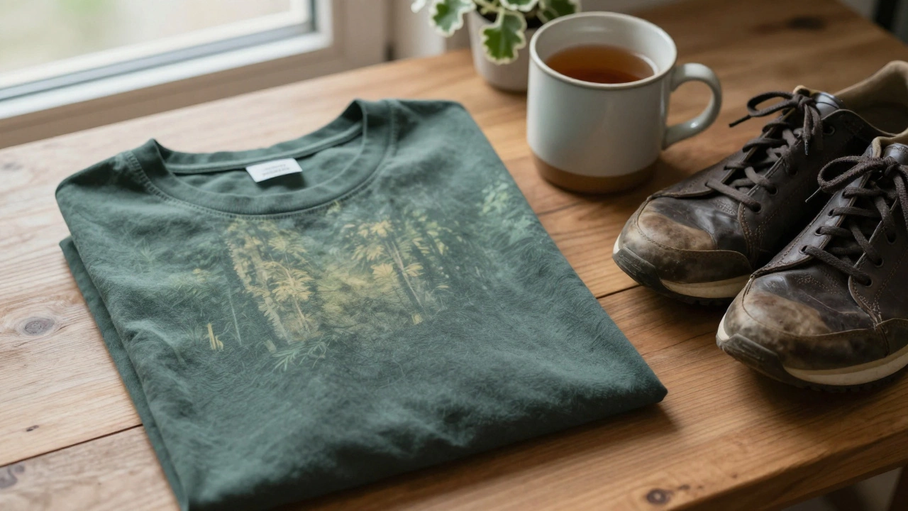 A folded forest shadow tee with leather sneakers and a potted plant in soft morning light.