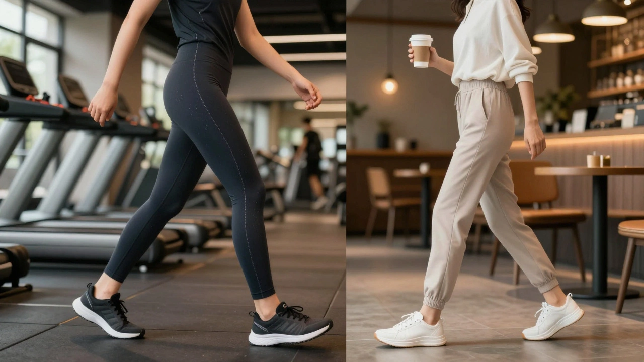 A person transitioning from a gym workout to a casual café outing, showing functional and lifestyle activewear.