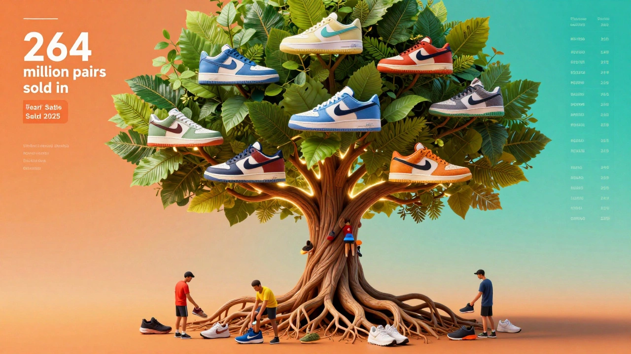 A tree with sneakers as leaves and shoe soles as roots, surrounded by figures and digital sales data.