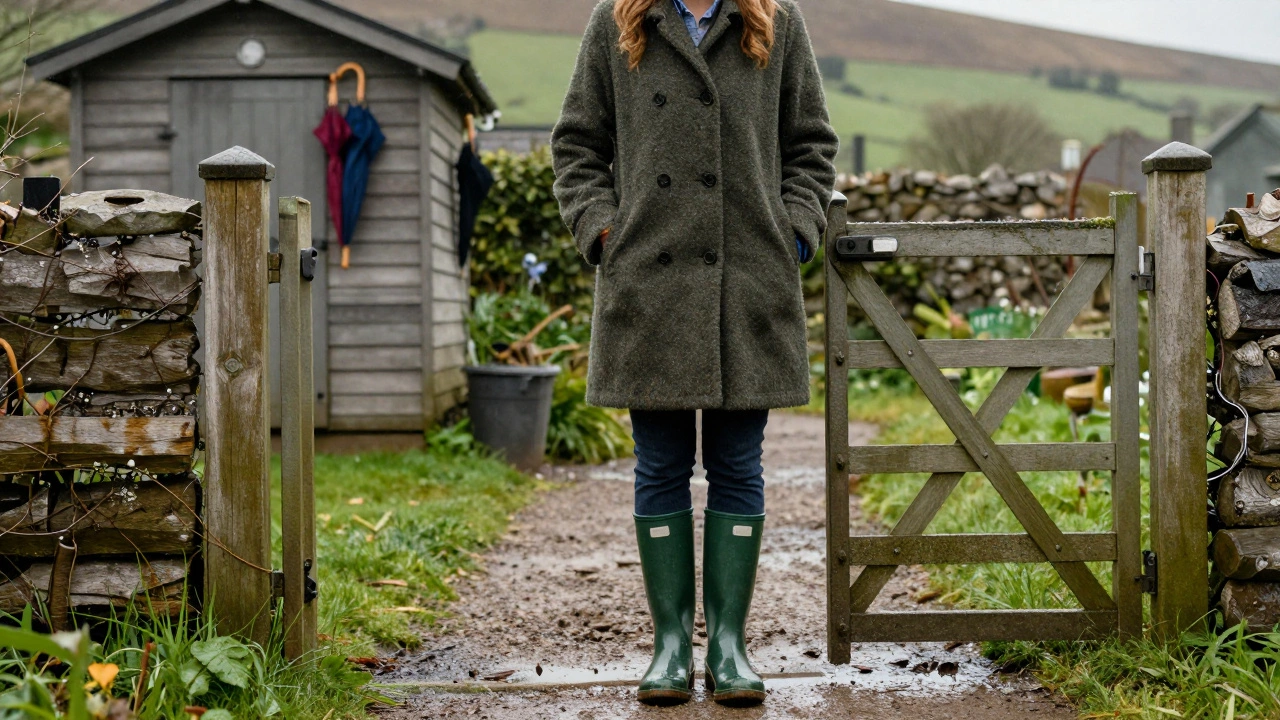 A woman wearing green Wellington boots in the rain outside her cottage in Wales.