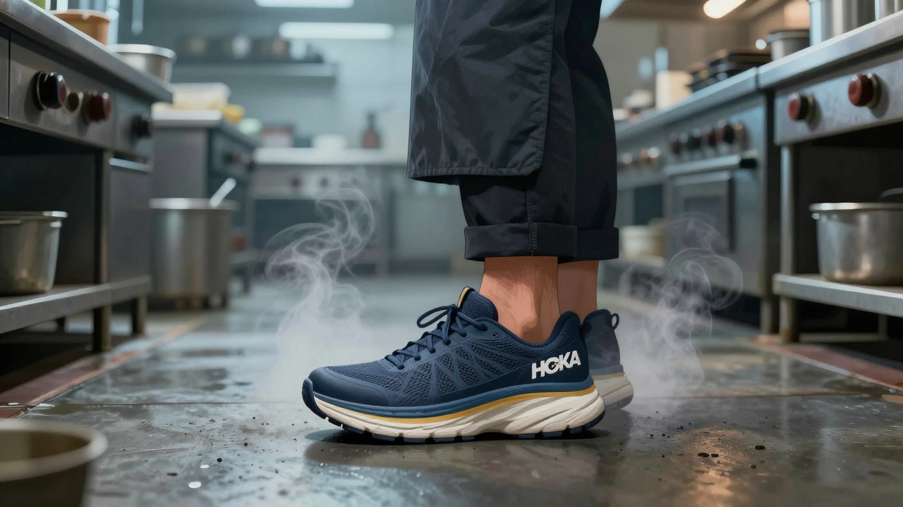 Chef on a busy kitchen floor wearing Hoka Bondi 8 shoes with thick cushioning underfoot.