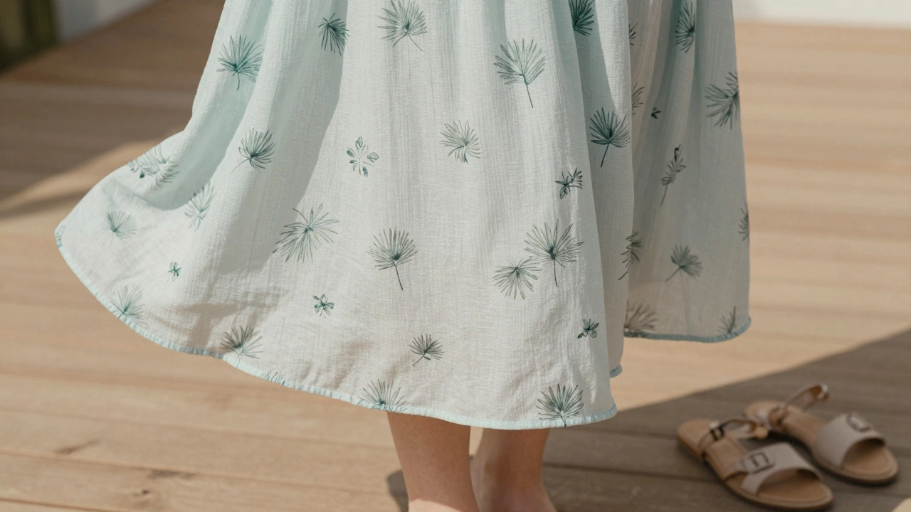 Close-up of a knee-length tea dress with small floral print, showing soft fabric texture and natural movement in the breeze.