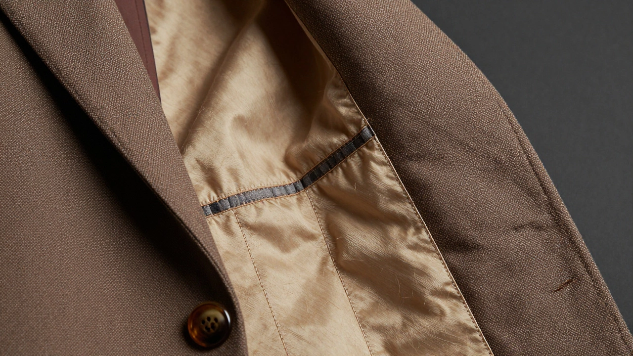 Close up of suit jacket stitching and wool texture