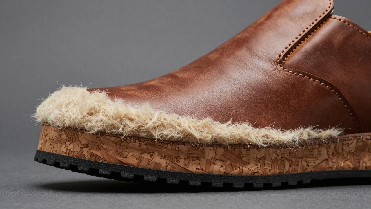 Close-up texture shot of cork, leather, and sheep slipper materials.