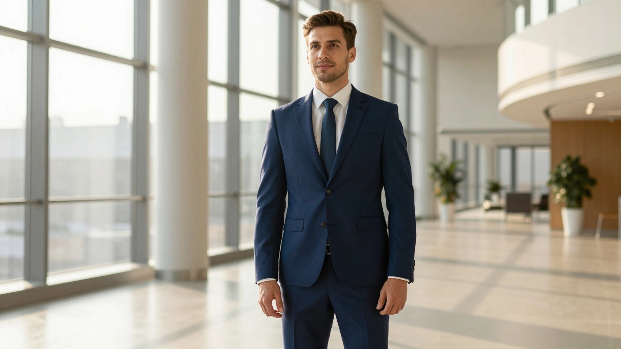 Confident businessman in fitted suit holding briefcase