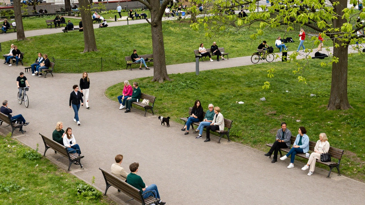 Diverse group of people in a park wearing forest shadow shirts, blending with nature.