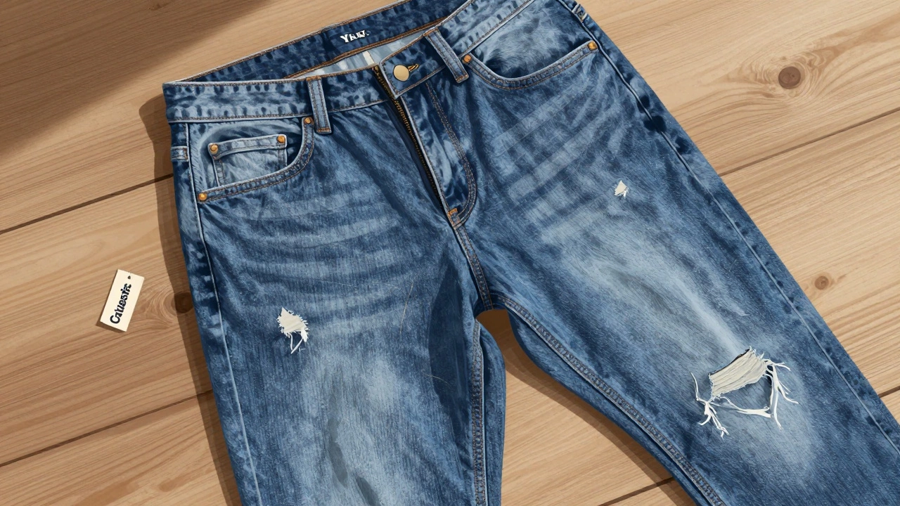 Guess jeans laid flat showing reinforced seams, YKK zipper, and slight knee pilling from wear.