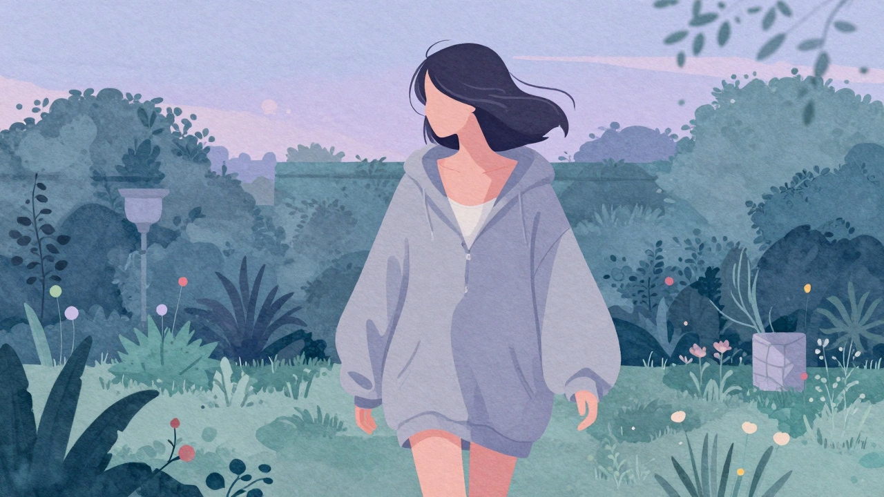 Illustration of person wearing hoodie in shaded evening