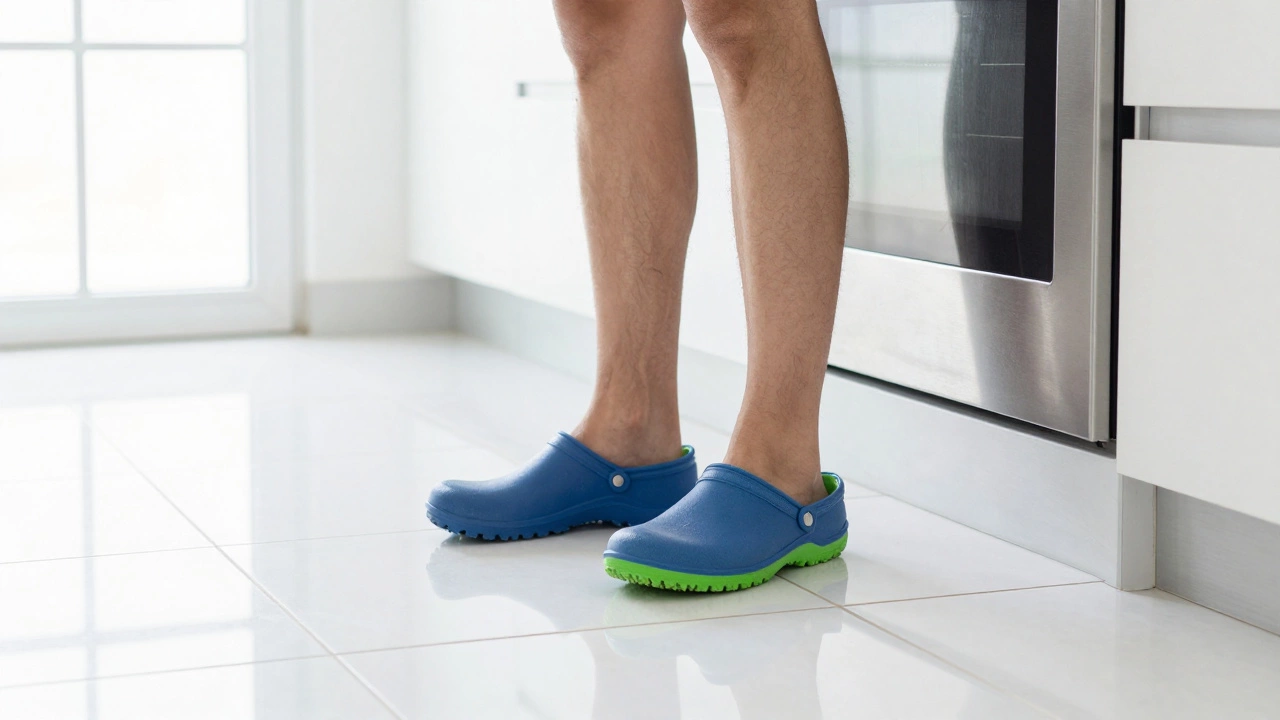 Person wearing practical clogs standing on a clean kitchen tile floor.