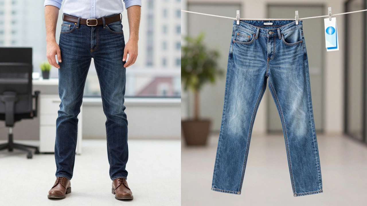 Split image: Guess jeans worn in an office setting and after 18 months of careful use.