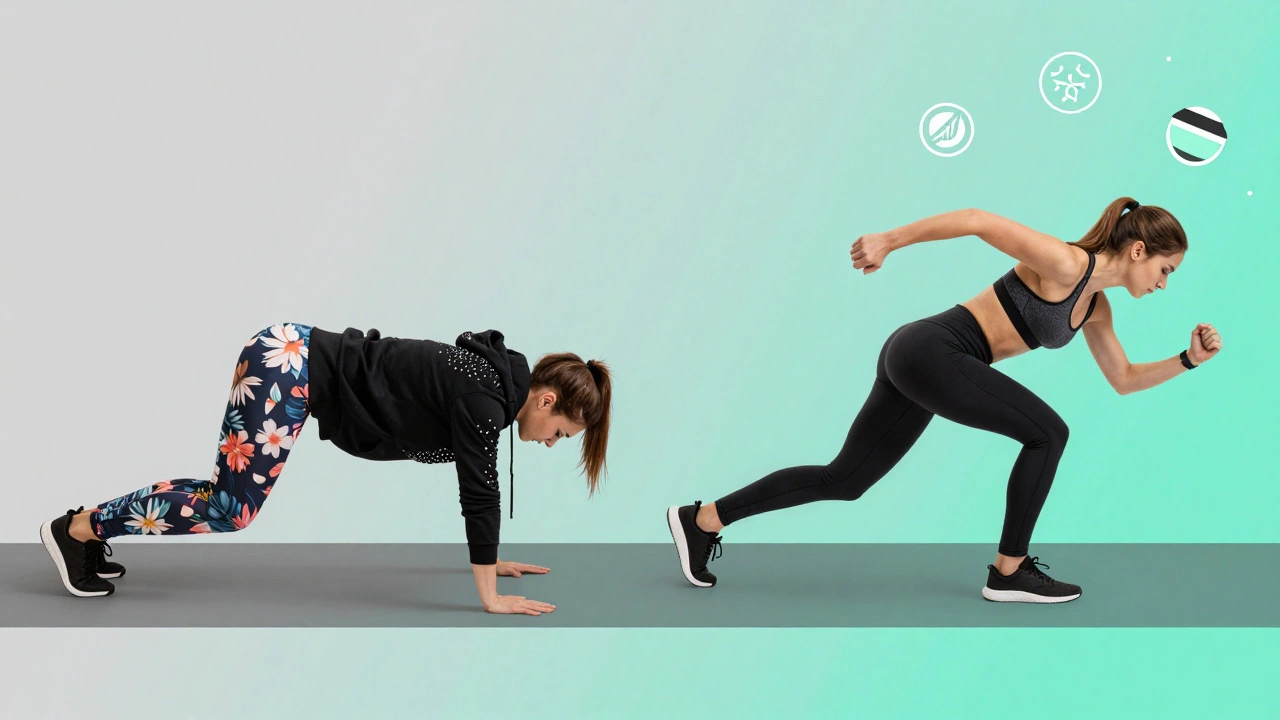 Split image: one person struggling in fashion-only leggings, another moving freely in true activewear with performance features highlighted.