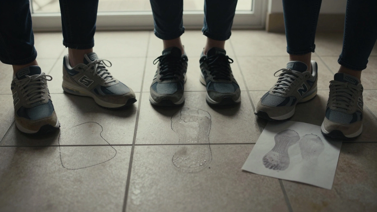 Three work shoes arranged with footprints showing arch types and wear patterns on floor.