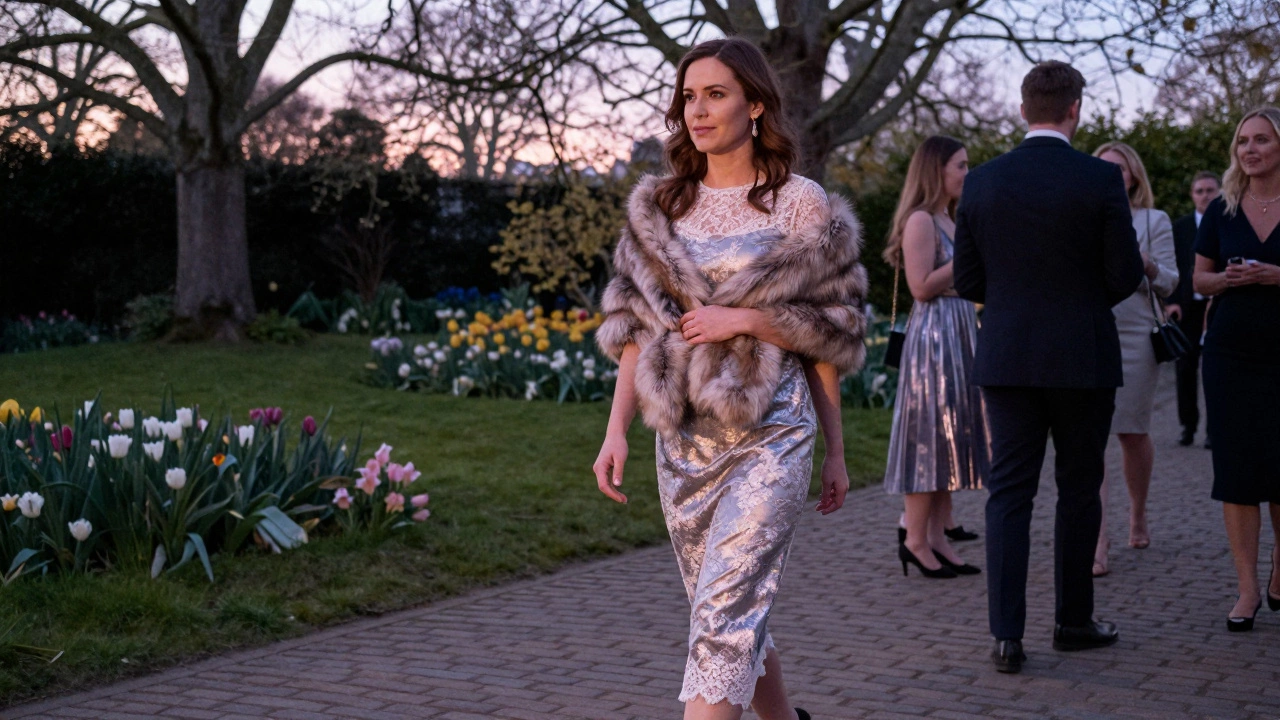 Woman in a tea-length lace dress with fur stole at a garden party at dusk