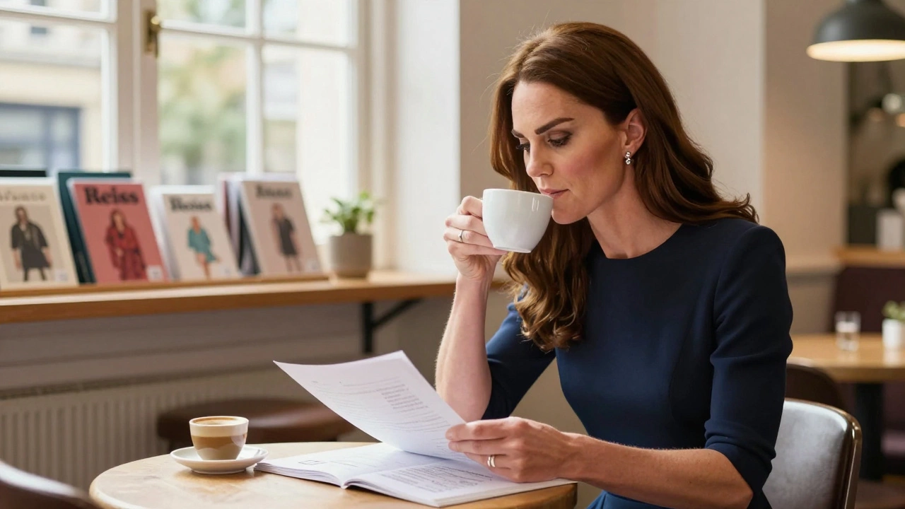 Young Kate Middleton in a navy Zara dress studying at a university café, surrounded by affordable fashion brands.