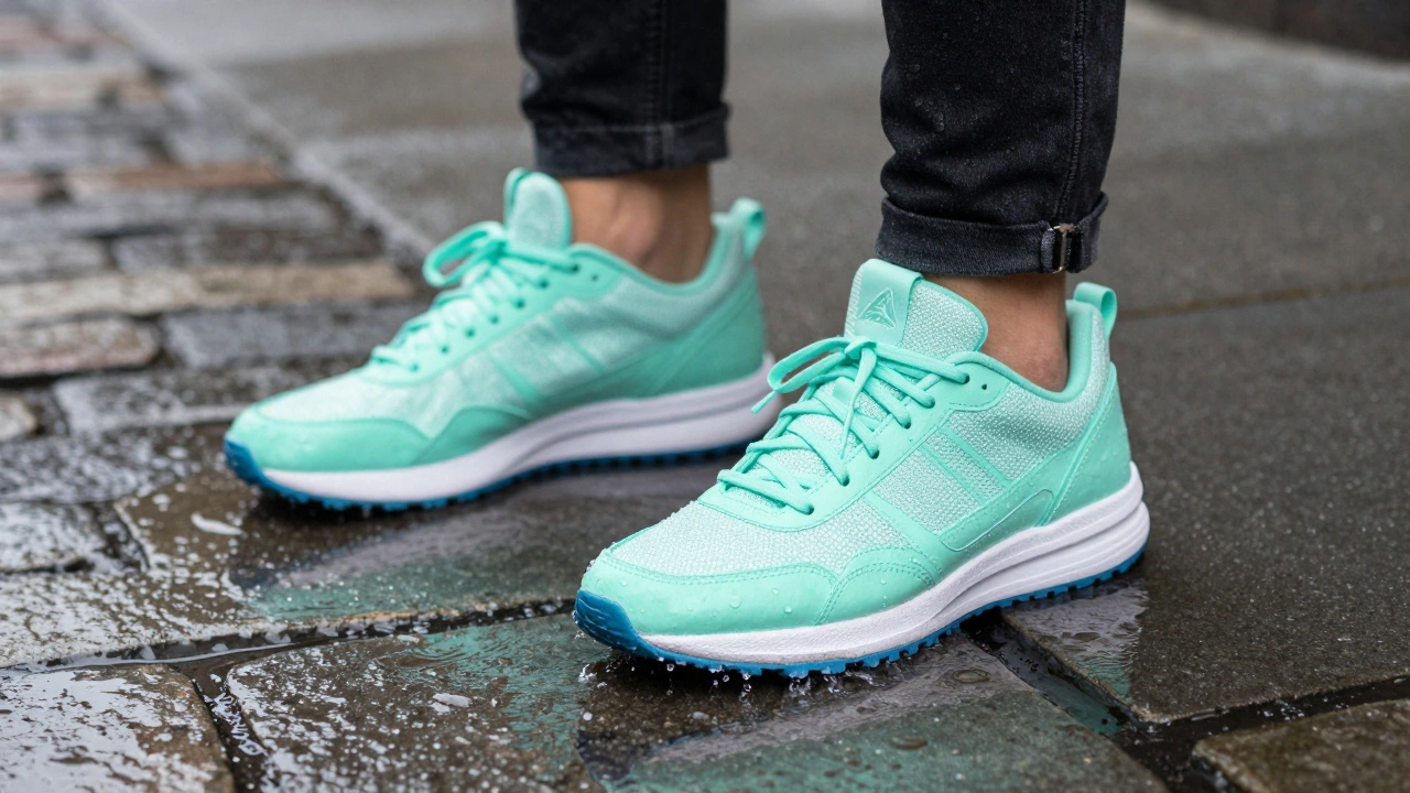 A close-up of stylish, clean trainers on a rainy Edinburgh cobblestone street