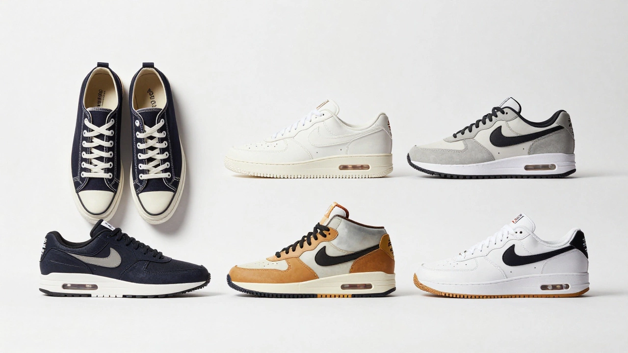 A collection of various trainers and plimsolls against a clean studio background