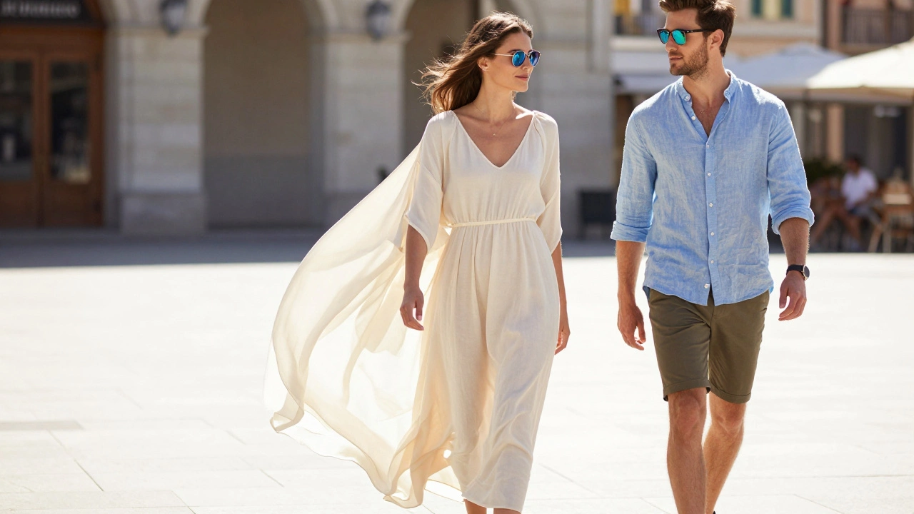 A couple wearing loose, breathable linen clothes walking in a sunny city.