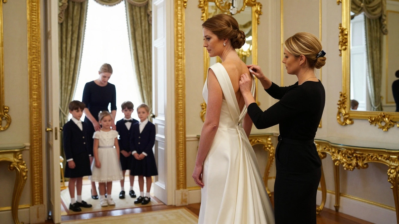 A dresser fitting a formal gown while a nanny cares for children in the background.