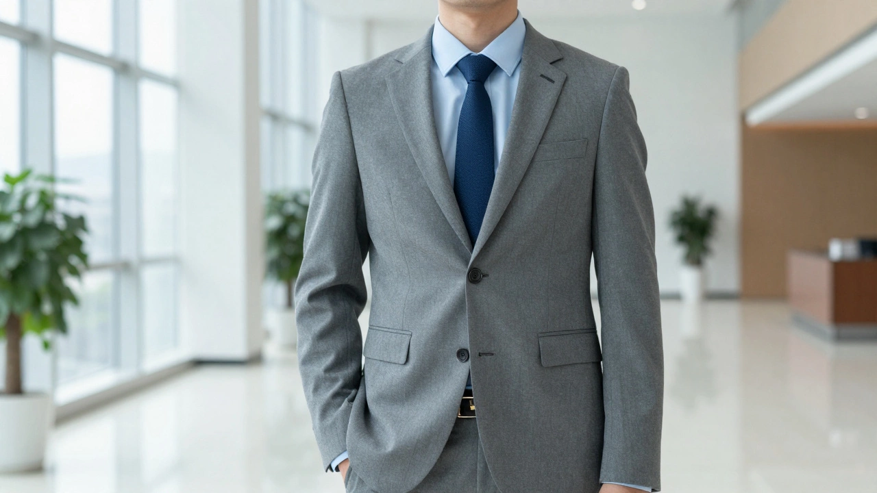 A man wearing a mid-grey suit with a light blue shirt in a modern office.