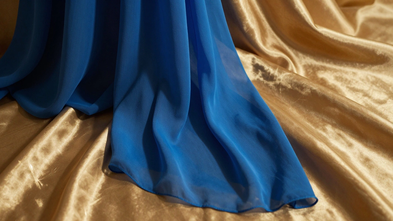 Close-up of sapphire blue chiffon and glossy gold satin fabrics showing contrasting textures
