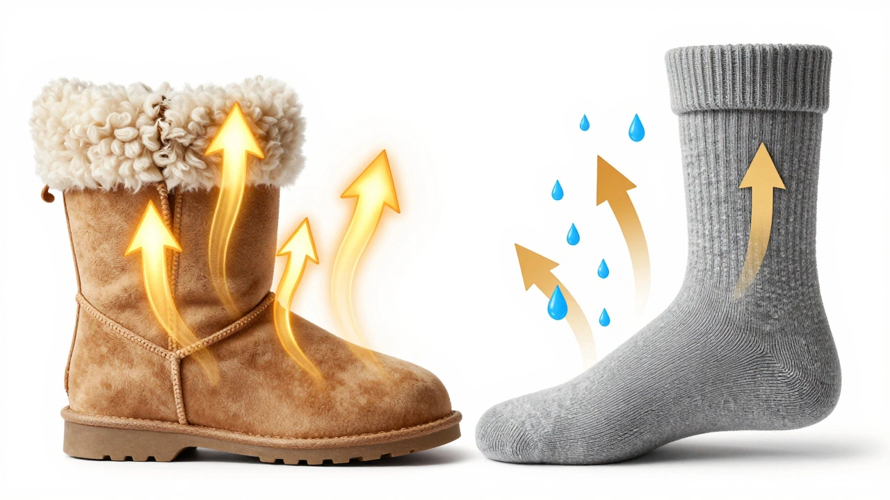 Conceptual illustration of airflow in sheepskin boots compared to moisture trapped by socks