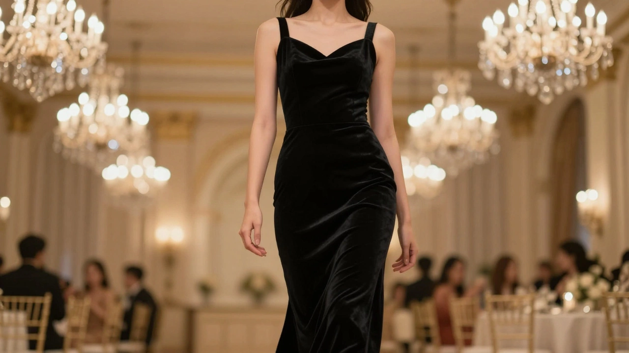 Elegant woman in a black velvet gown walking with confident posture in a ballroom