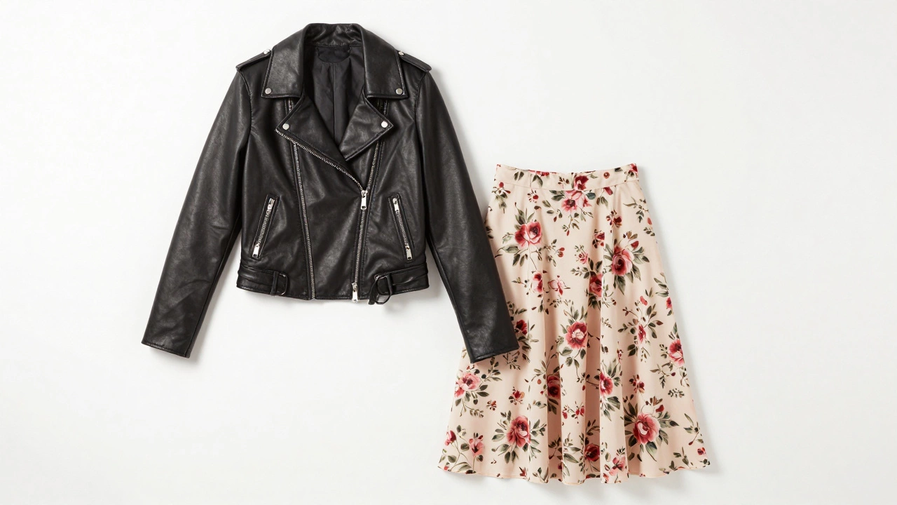 Flat lay of a black leather jacket paired with a floral midi skirt