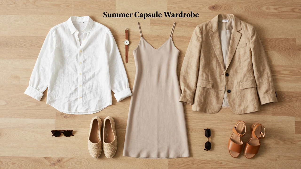 Flat-lay of a summer capsule wardrobe with linen clothes and espadrilles.