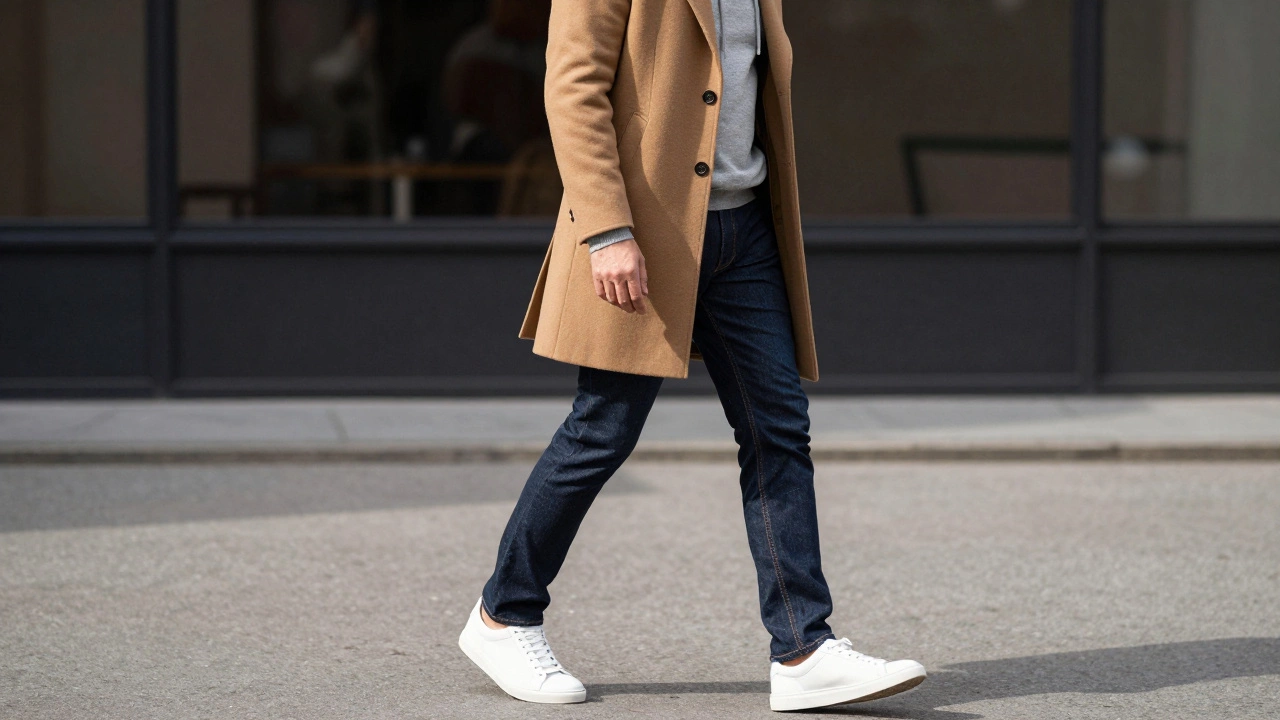 Man over 50 wearing a grey hoodie under a camel wool overcoat with dark indigo jeans