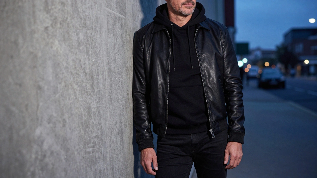 Mature man in a black hoodie and leather bomber jacket against an urban concrete wall