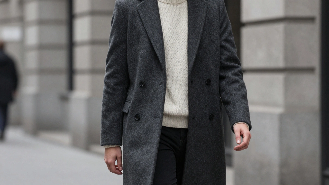 Person wearing a charcoal grey wool overcoat in a misty city setting