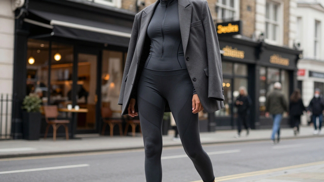 Person wearing an athleisure outfit combining a sports set with a tailored blazer in the city.