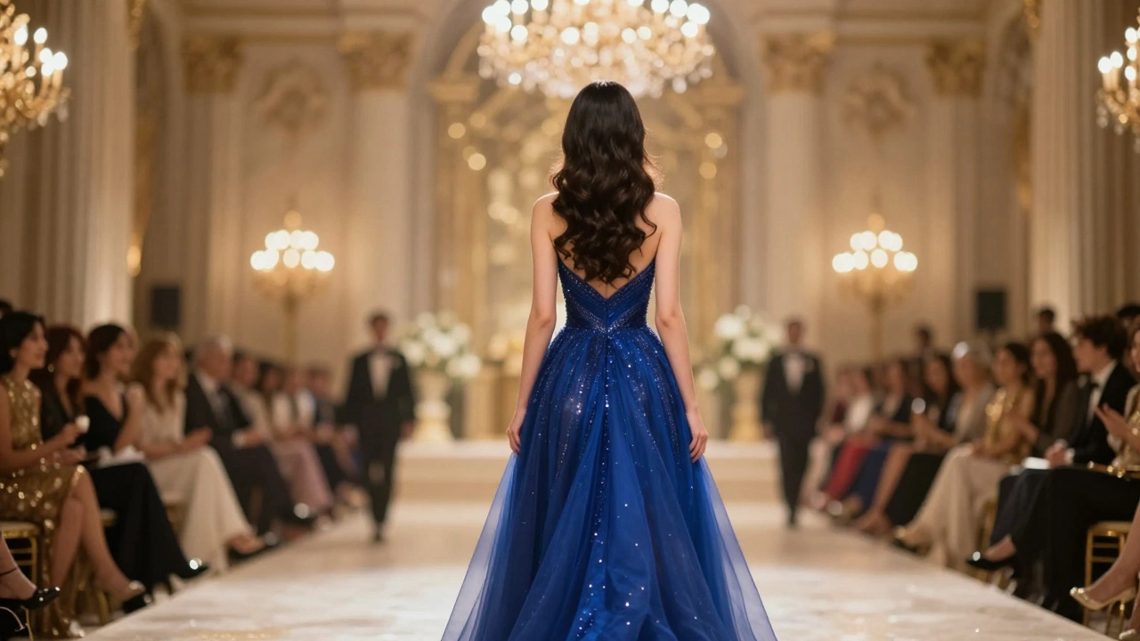 Poised royal woman in a sweeping evening dress facing the lights of a grand gala.