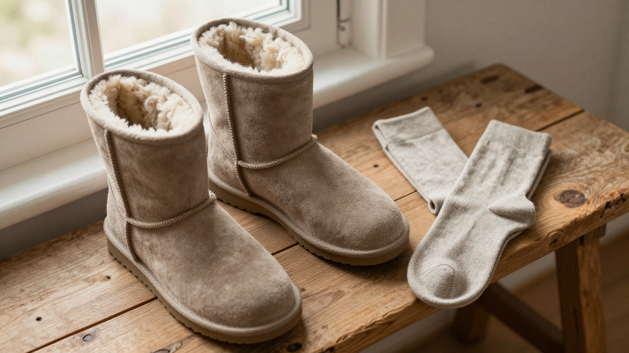 Sheepskin boots airing out on a wooden bench next to thin Merino wool socks