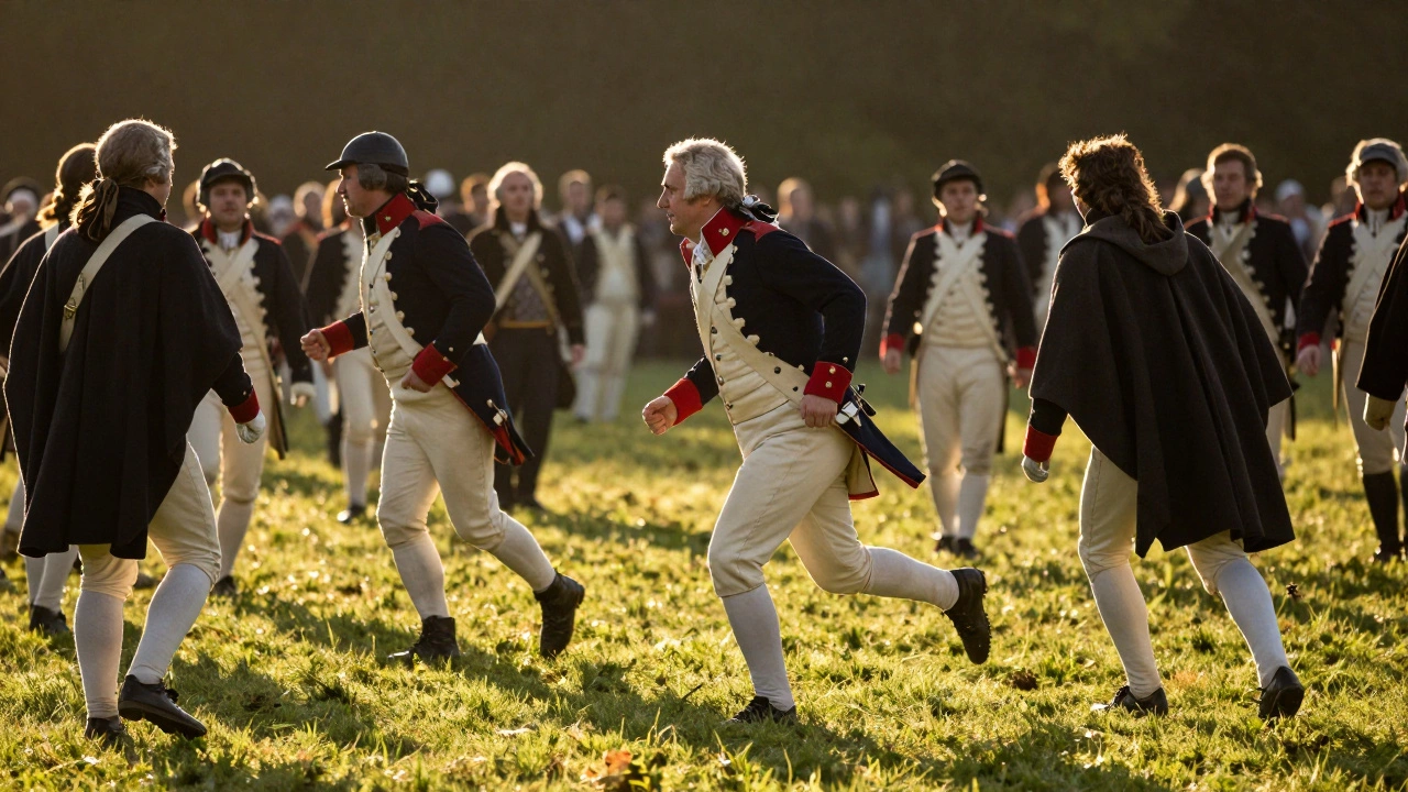18th-century soldiers moving freely in waist-length military jackets during drills.
