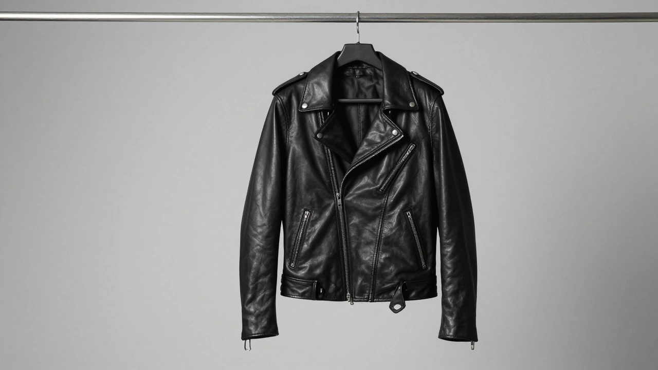 A black leather jacket hanging freely to prevent permanent crease lines.