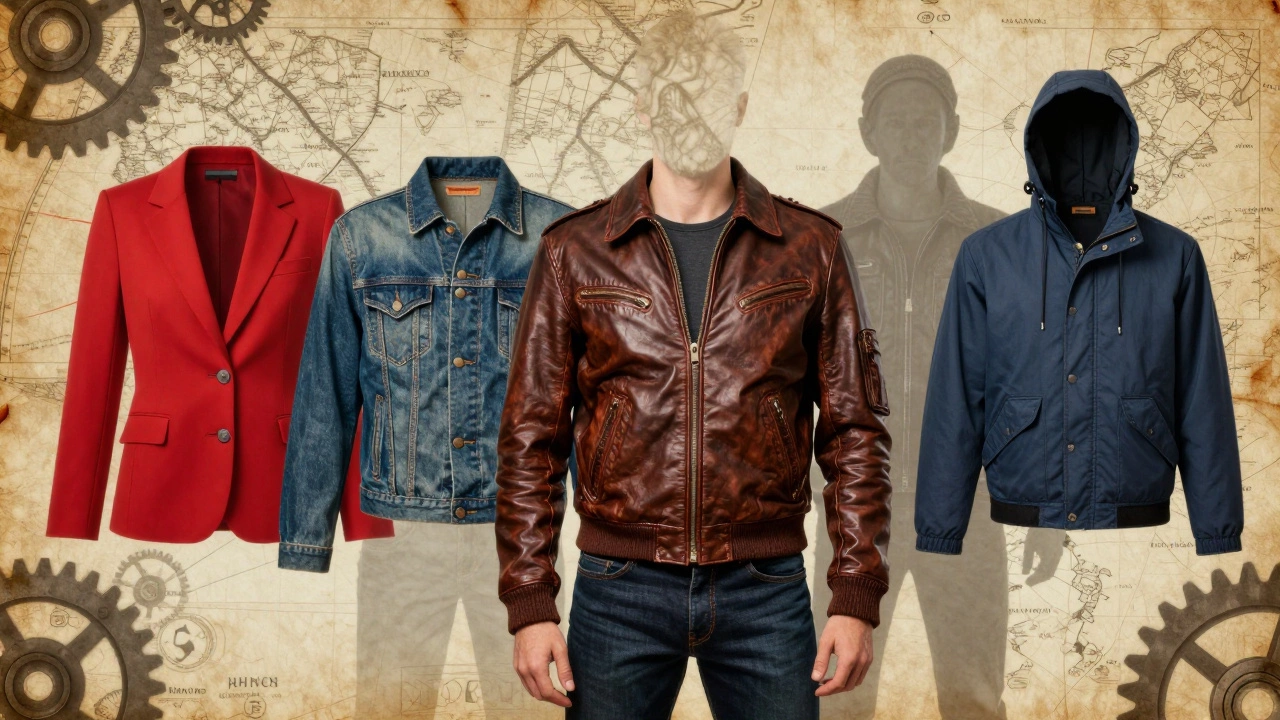 Artistic collage of leather, denim, and blazer jackets symbolizing fashion history.