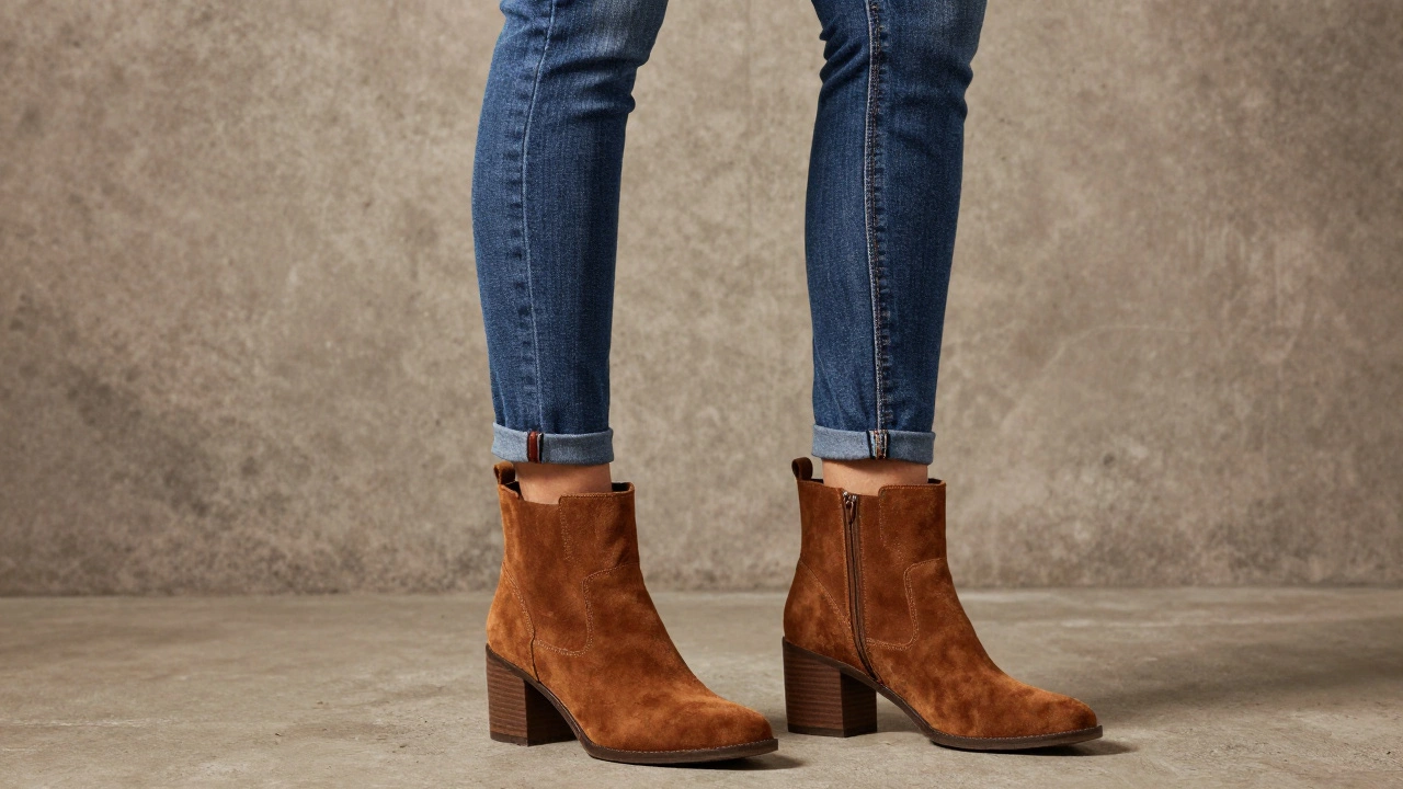 Close-up of cuffed skinny jeans tucked into chunky ankle boots