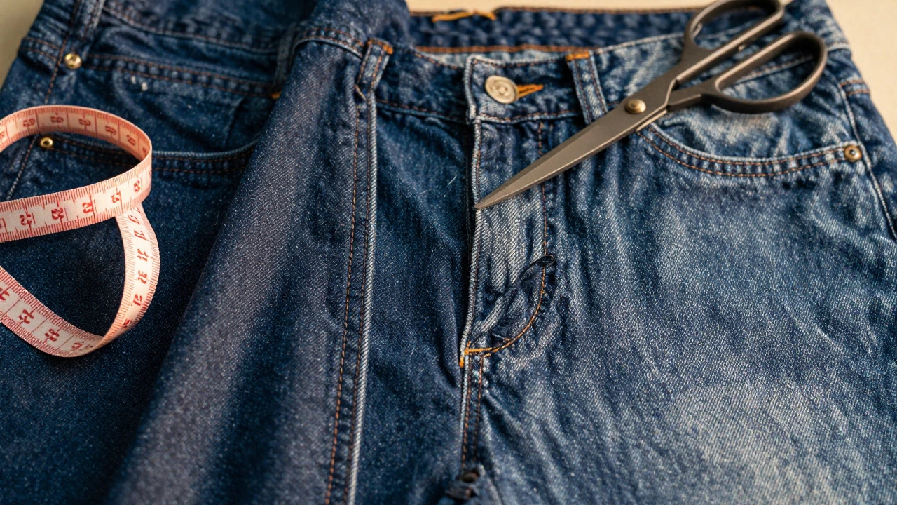 Close-up of soft denim fabric with tailor tools showing quality